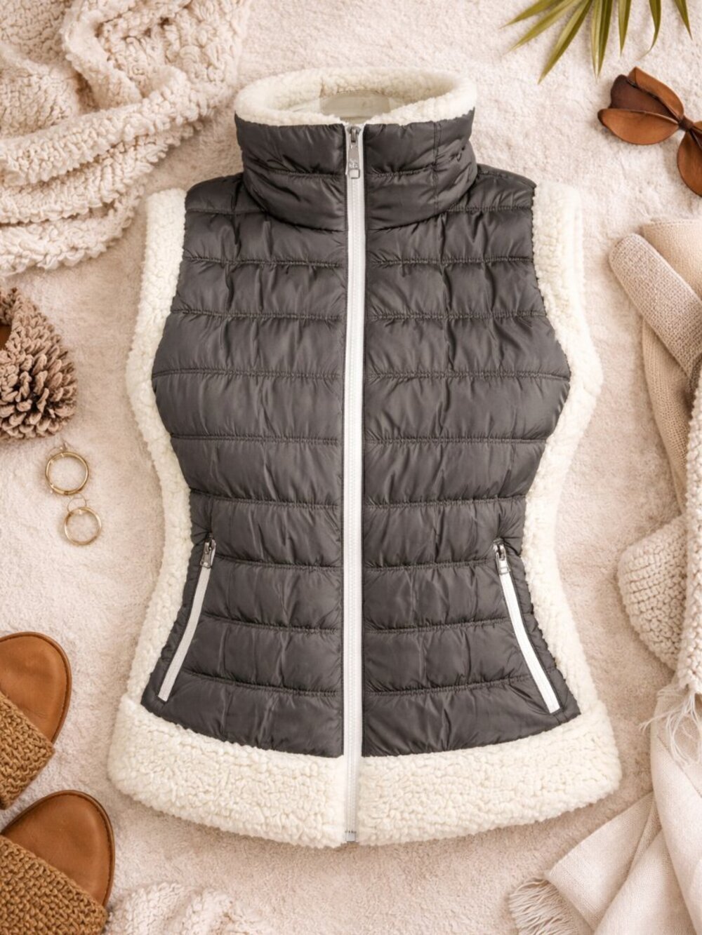 Calvin Klein Performance Puffer Vest Gray Sherpa XS Zip